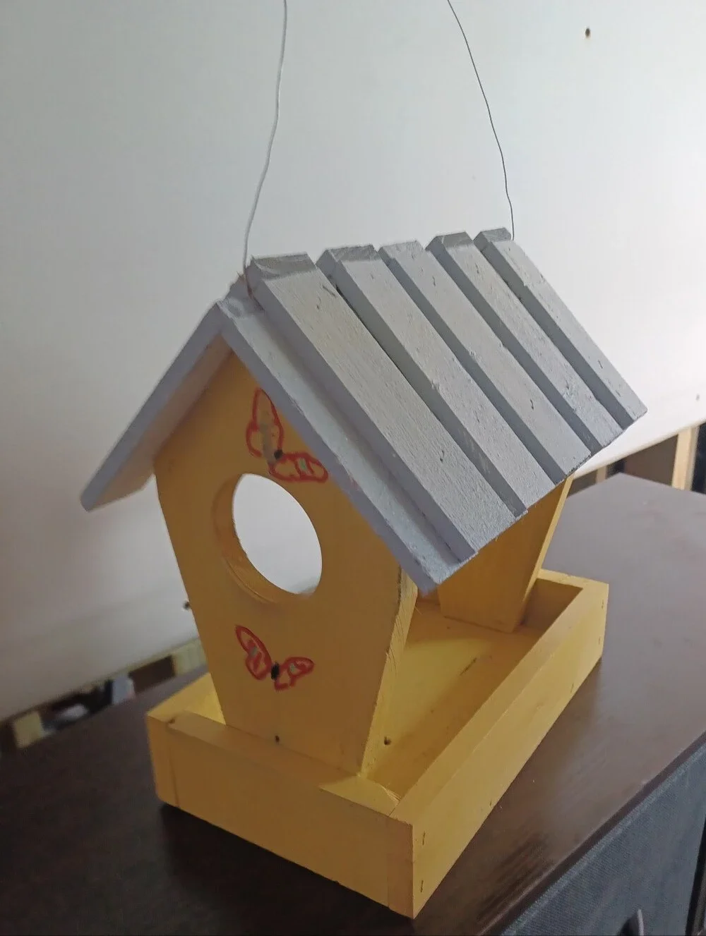 Hand-Painted Wooden Hanging Bird House Yellow/Gray, Rectangle Front Entrance